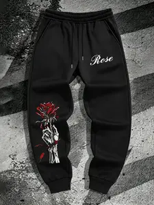 Men's Casual Cargo Pants, Gothic Skull Hand Rose Print, Loose Fit Elastic Waist, Sporty Style, All Seasons Wear