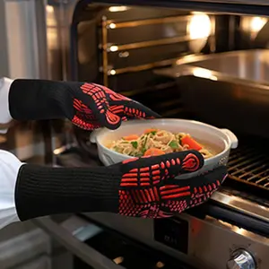 FITFIV  Gloves 1472 Degree F Heat Resistant Grilling Gloves Silicone Non-Slip Oven Gloves Long Kitchen Bakeware Machine Hanging