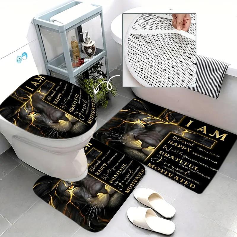 Creative Gold Lion Shower Curtain Set, Waterproof Polyester, Includes Hooks, Toilet Lid Cover, Mat, Home Decor, Holiday Gift, Bathroom Decoration Accessories