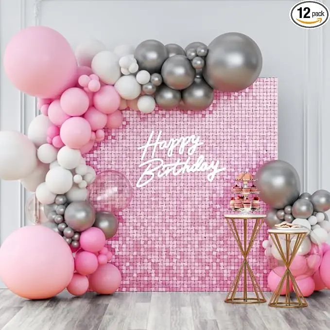 Shimmer Wall Backdrop Pink Iridescent Square Sequin Wall Panel Backdrop Decor for Wedding, Anniversary, Birthday, Party