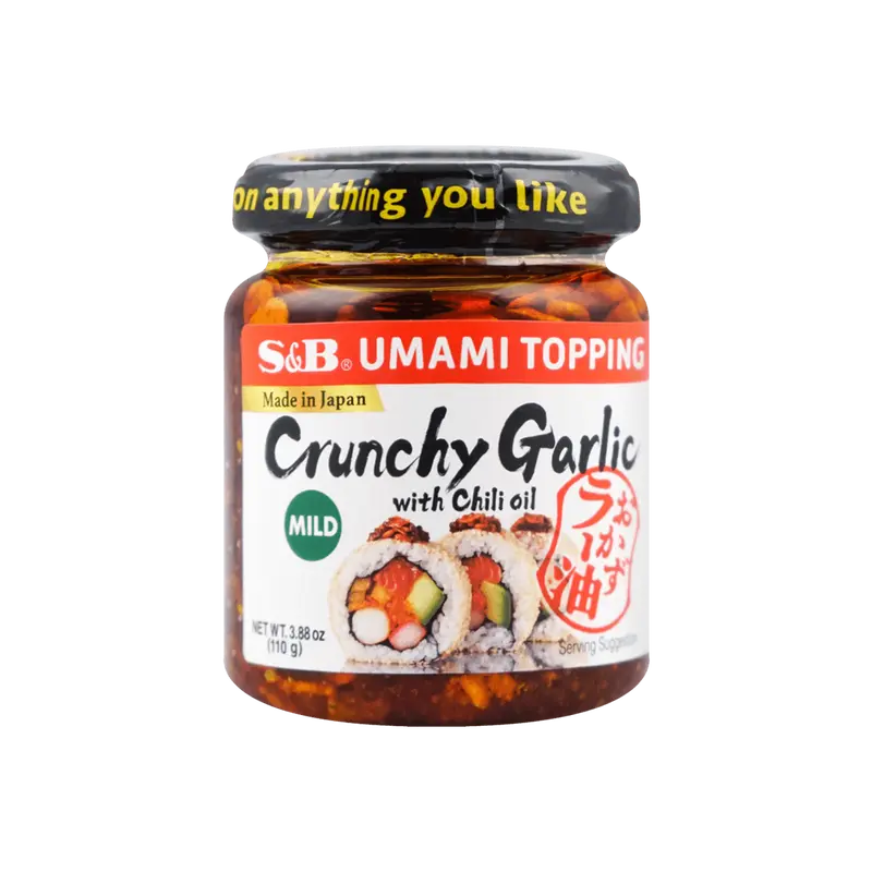 S&B Umami Topping Crunchy Garlic with Chili Oil Mild Flavor Sauce 3.88 oz For Chicken Sushi Pasta Salad Noodles Tofu Rice Made in Japan