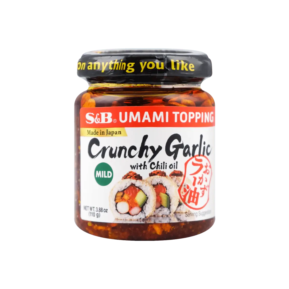 S&B Umami Topping Crunchy Garlic with Chili Oil Mild Flavor Sauce 3.88 oz For Chicken Sushi Pasta Salad Noodles Tofu Rice Made in Japan