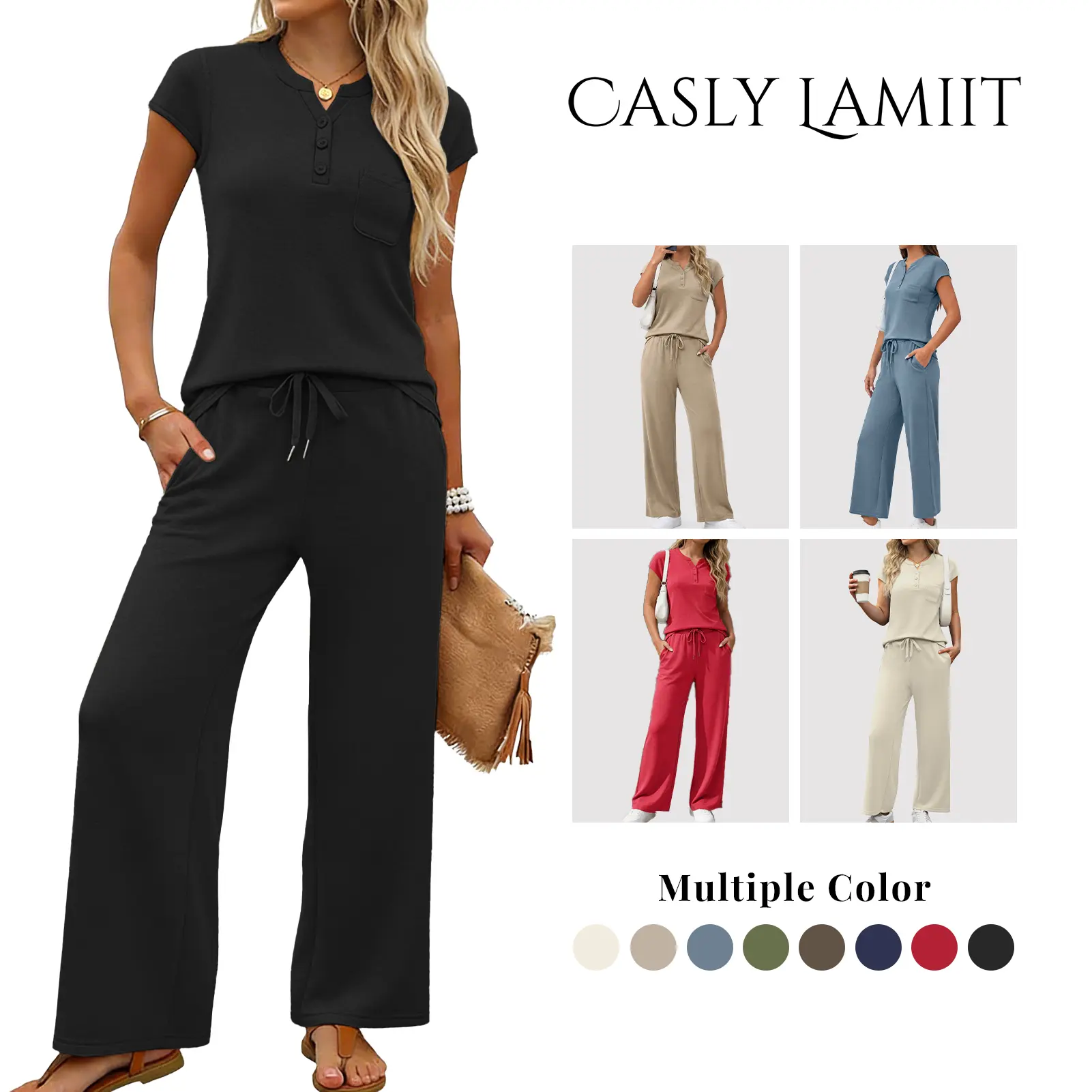 Women's Casual 2-Piece Lounge Set, Soft Cap Sleeve Button Top and Cropped Wide Leg Drawstring Pants for Travel, Loungewear, Women's Clothes, Two Piece Set sohochic