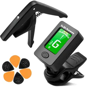 Guitar Tuner and Capo Set - Clip  Chromatic Guitar Tuner with LCD Display &  Guitar Capo & Picks -  Accurate Tuning for Acoustic Electric Guitar, Bass, Ukulele, Violin (JTCP-01)