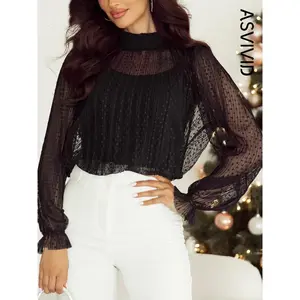 Women's Solid Color Dotty Lace Sheer Mock Neck Two-piece Long Sleeve Blouse