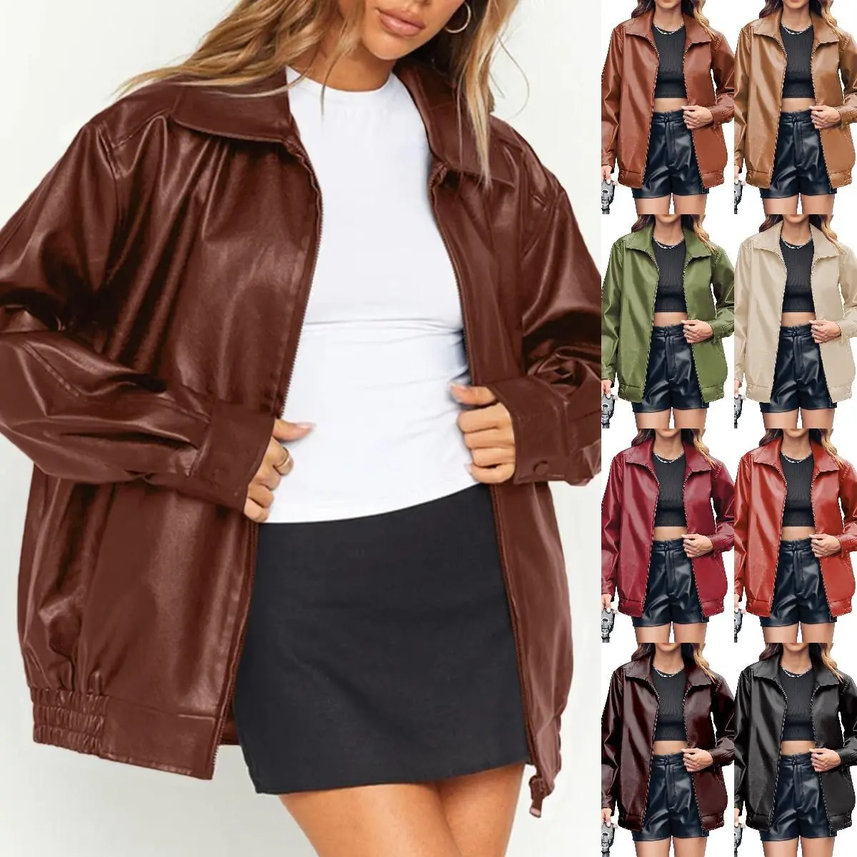 Lady's Faux Leather Moto Jacket, Oversized Biker Outerwear, Basic Zip-Up Casual Tops, A Staple Piece for Fall, Style