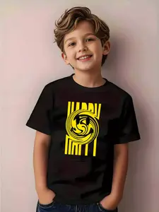 1Boys' Yellow Short-Sleeve T-Shirt with Spiral Face & Happy Print - Summer Round Neck Casual Playwear, Machine Washable Top for, Parties, Playdates - Bright Yellow Spiral Design for Wear