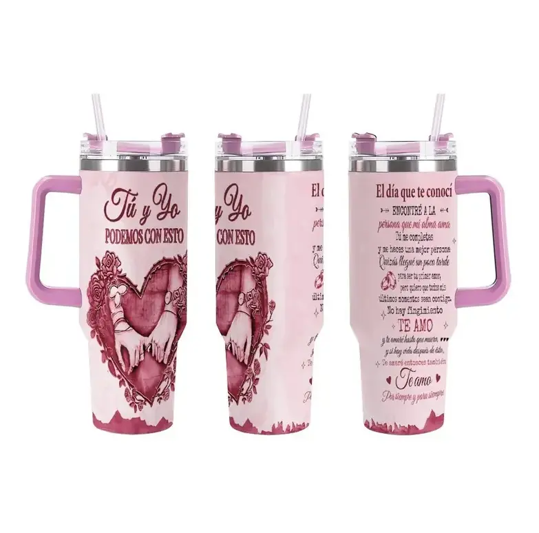 [Spanish Love Quote, Tu y Yo Podemos Con Esto & Couple Valentine Culture] 40oz Insulated Tumbler with Handle Straw, Stainless Travel Mug - Gift for Couples
