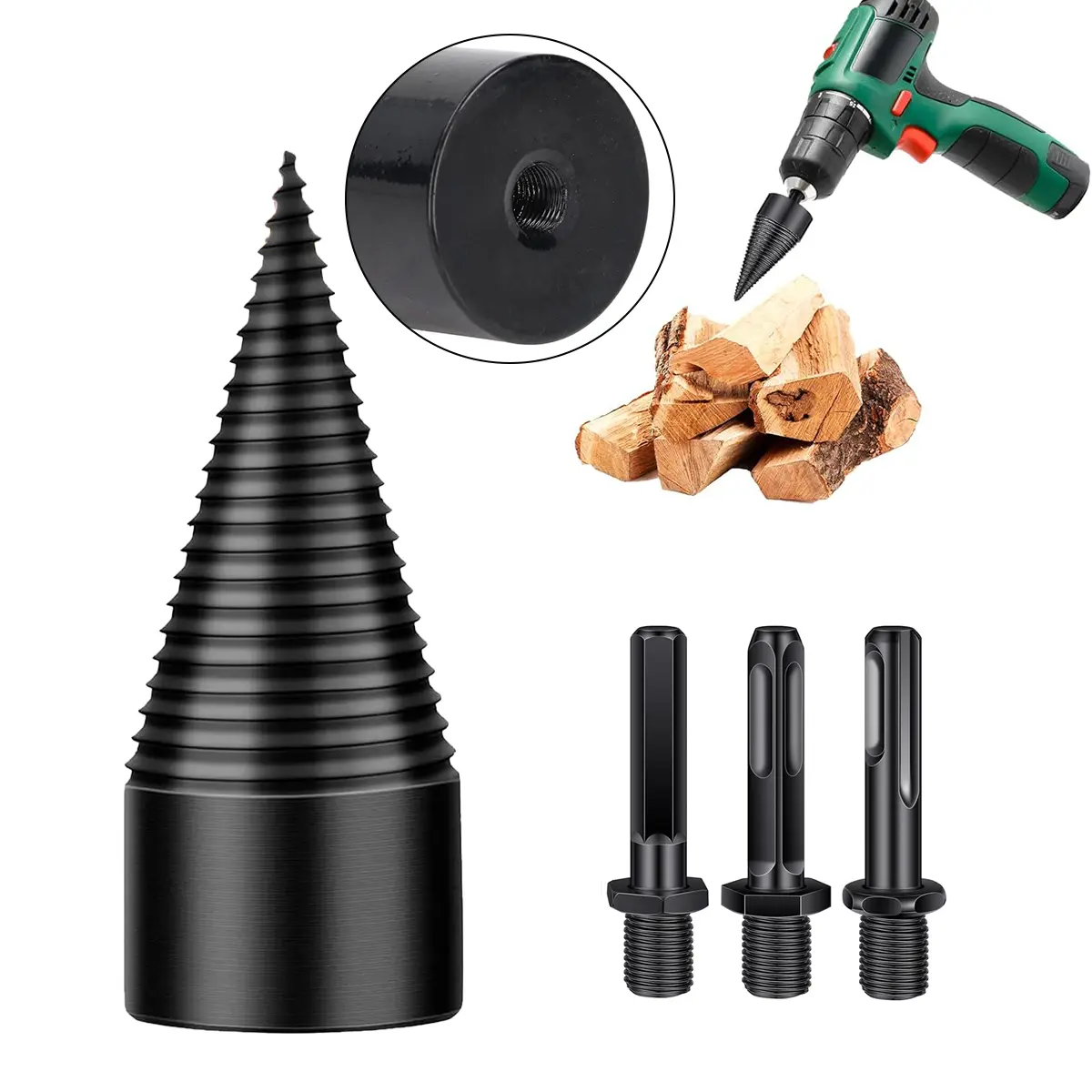 Firewood Log Splitter Drill Bit Set – Heavy-Duty Carbon Steel Wood Splitting Cone with Round/Hex/Square Shank – Safe, Efficient, and Easy to Use for Fireplace, Camping, Home Heating, and Outdoor Wood Cutting