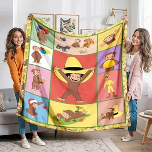 Curious George Monkey Cartoon Flannel Blanket Lightweight Soft Cozy Throw Blanket for Sofa Bed Travel Camping Living Room Office Bench Chair Kids Room Decor Birthday Christmas Gift