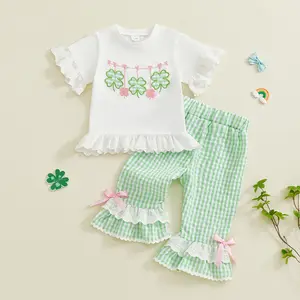 Imcute oddler Baby Girls Irish Festival 2 Piece Outfits Shamrock Embroidery Lace Trim Short Sleeve Tops T shirt and Flared Pants St. Patrick's Day Clothes Set