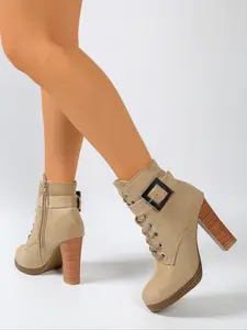 Women's Fashionable Solid Color Side Zipper Pointed Toe Boots, Casual High Heel Boots for Daily Wear, Female All-match Trendy Shoes for Women & Girls, Rubber