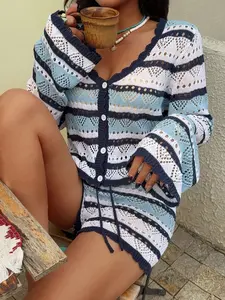 Two-Piece Summer Women's Fit Hollow Out Striped V-Neck Button Front Top, Breathable Tie Waist Shorts, Fashionable Knit Beach Resort Womenswear Set