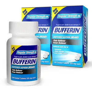 Bufferin Aspirin 325mg, Pain Reliever & Fever Reducer, with 3 Buffering Agents Relieves 7 Types of Pain: Headaches, Back Ache, Arthritis, Muscle Aches & More, for Adults, 130 Coated Tablets, 2-Pack