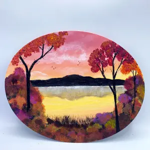Artist Signed "Peaceful Autumn" landscape acrylic painting on 10" x 8" Oval Canvas Panel