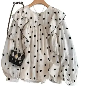 Polka Dot O-neck Long Sleeve Loose  Sweet Ruffles Summer Blouse