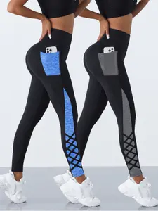 2 Pcs Crossover Straps Color Block Pocket Yoga Pants, Women's Sports Trousers, Suitable for All-seasons Wear, High Waisted Leggings