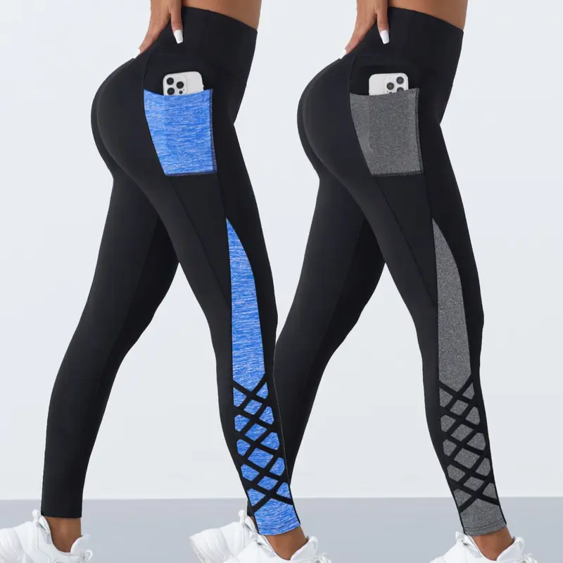 2 Pcs Crossover Straps Color Block Pocket Yoga Pants, Exercise Athletic Activewear, Stretchy High Waist, Suitable for All-seasons Wear, High Waisted Leggings, Yoga Workout Pants, Athleisure Bottoms, Activewear for Fitness, Gym Workout Sportswear