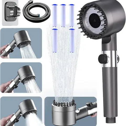 Filtered High-Pressure Stainless Steel & ABS Handheld Shower Head - 54 Anti-Clog Nozzles, 150 Tiny Nozzles, 6 Cotton Filters, 3 Adjustable Spray Modes, ON/OFF Switch, 60-in Hose, Wall Mount, Energy-Saving, Hard Water Chlorine Removal, Sensitive Skin Use,