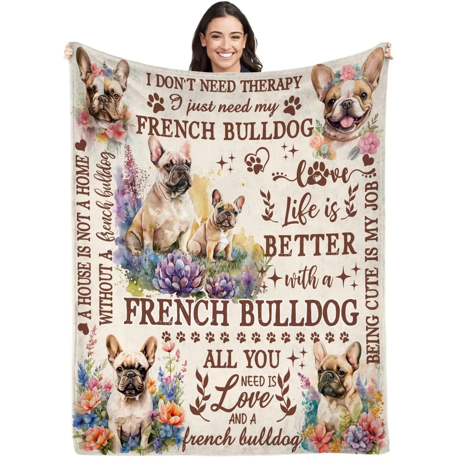 Flannel Texture French Bulldog Blanket for Women - Full Print, Multi-Size (50x60in) Dog Mom Throw Blanket
