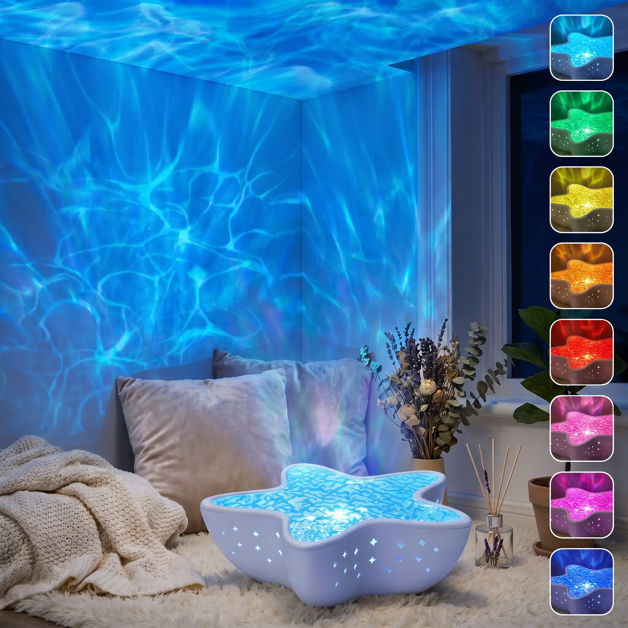 Viral Aesthetic Starfish Ocean Wave Projector - 16-Color LED, 3D Water Ripple, Remote Control Night Light for Bedroom Decor, Stress Relief, Kids & Adults Birthday Housewarming Gift