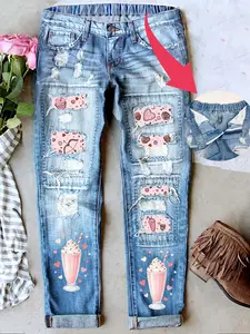 Women's Valentine's Day Distressed Heart Mid-Waist Boyfriend Fit Washed Loose Fashion Denim Jeans Button Elastic Waistband Breathable Comfort Fabric All Seasons Wear