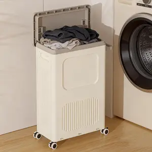 Slim Wheeled Laundry Hamper Plastic with Lid, 50L / 13gal Closet Rectangle Basket Containers, Narrow Storage Bins Rolling Utility Organizer Boxes Cart for Bathroom, Clothing, Pantry, White