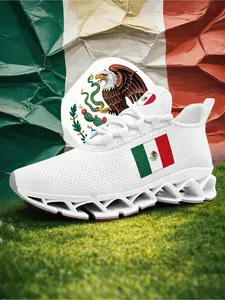 Men's Mexico Flag Print Lace-Up Low Top Sneakers, Lightweight Sports Shoes, Comfortable Running Shoes, Walking Shoes, Breathable Plus Size