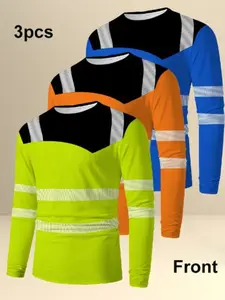 Men's Casual Long Sleeve T-Shirt, Neon &, Breathable Fabric, Round Neck, 3-Pack, Durable, Easy Care