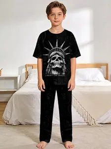 Boys' Summer Sleepwear Set, Skull Liberty or Death Print Short Sleeve Pajamas & Long Pants, Soft Cotton Fabric, Perfect Gift