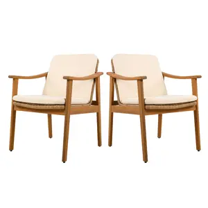 Christopher Knight Home Outdoor Dining Chairs Set of 2, Teak Acacia Frame, Brown PE Wicker & Beige Cushion