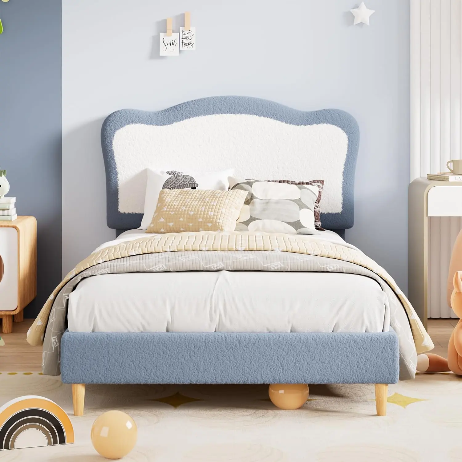 Upholstered Berber Fleece Platform Bed Frame with Scallop Headboard, Noise-Free Wooden Slats, No Box Spring Needed, Cute Kids Bed for Girls and Boys