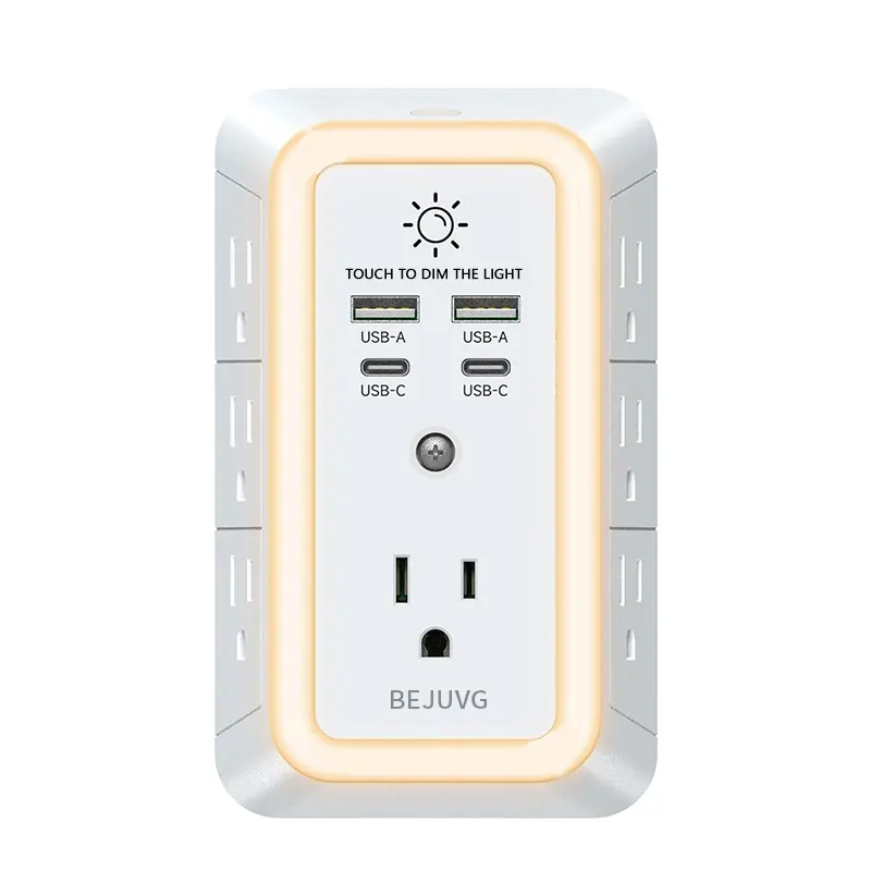 BEJUVG Wall Outlet Extender, 3-Sided 7-Adapter-Spaced Sockets Gadget with 4 Fast-Charging Ports (2 USB-C), Night Light, ETL-Certified USB Plug In Usb Plug In