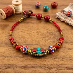Thai Handmade Boho Bracelet - Stackable, Adjustable, Giftable - Artisan Nomad - Red, Turquoise & Inlay Beads
