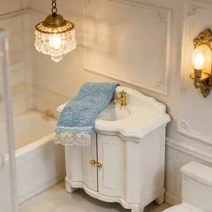 1:12 Scale Miniature Sink Cabinet with Blue Towel Dollhouse Furniture Set - Includes Sink Base for Dollhouse Bathroom/Kitchen Sink, for Miniature Scenes, Doll Accessories, Realistic Tiny Room Decor