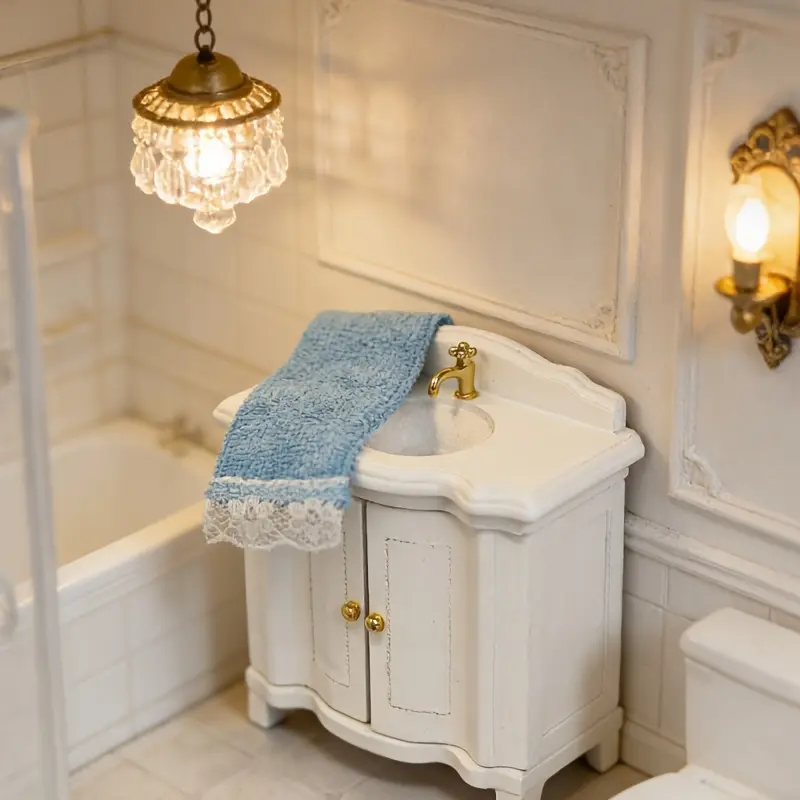 1:12 Scale Miniature Sink Cabinet with Blue Towel Dollhouse Furniture Set - Includes Sink Base for Dollhouse Bathroom/Kitchen Sink, for Miniature Scenes, Doll Accessories, Realistic Tiny Room Decor
