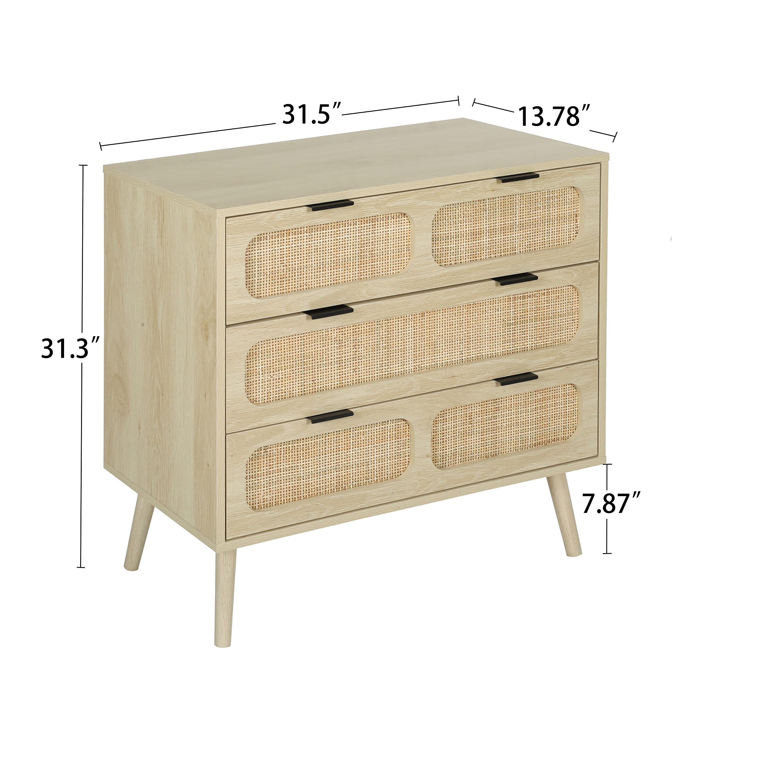 Giratree 3 Drawer Dresser, Modern Rattan Dresser Chest with Wide Drawers and Metal Handles, Farmhouse Wood Storage Chest of Drawers for Bedroom, Living Room, Hallway, Entryway