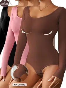 Spring Wear Women's Ribbed Abdominal Control Bodysuit Set, Long Sleeve Crop Shapewear, Seamless Comfort, Soft Elastic Fabric, Perfect for Postpartum