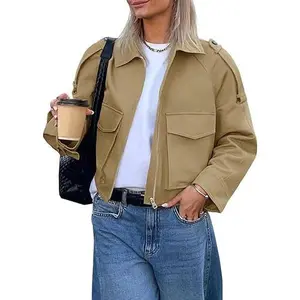 Tankaneo Womens Cropped Casual Jackets Zip Up Lightweight Utility Anorak Coat Military Safari Short Jacket fall fashion with Pockets