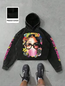 New American Style Graphic Portrait Print Hoodie, Sweatshirts, Unisex Streetwear, Casual, Fitted Short Design, Long Sleeve, Spring & Fall Fashion, Moderate Fabric Thickness