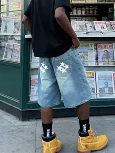 Men's Street Style Classic Denim Shorts, Fitted Straight Leg Print Pants, Geometric Pattern, Casual Fashion, Summer Wear