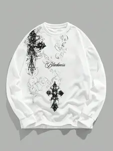 Dark Gothic Cross Print Waffle Sweatshirt, Base, Loose Fit, Street Style, Geometric Pattern, Casual Wear, Spring & Fall