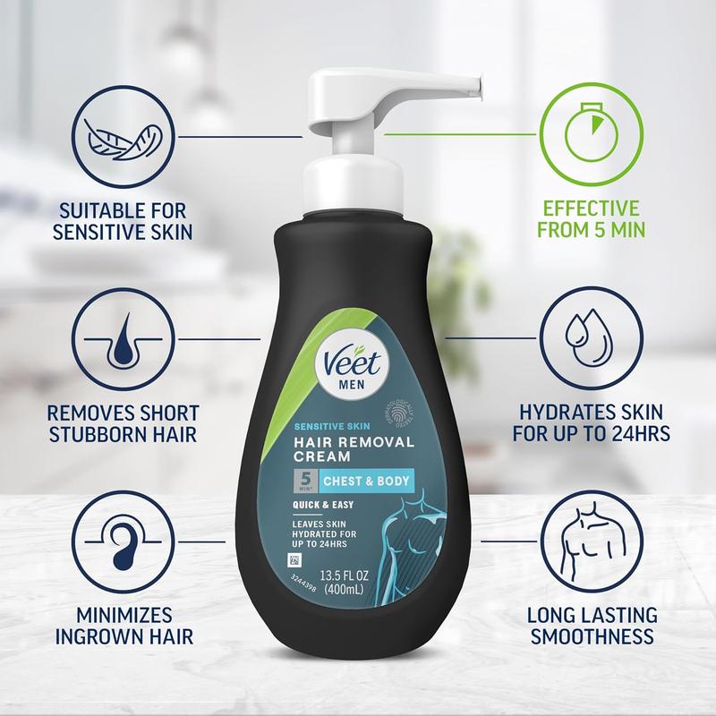 Veet Sensitive Skin Dermatologically Tested 13.5 Fl Oz. 5 Min Men's Hair Removal Gel Cream with Spatula For Body, Chest & Back Springtok Wax