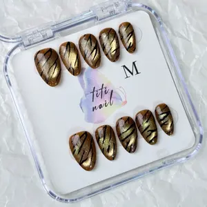 TiTinails Brown Gold Almond Press On Nails| Tiger Stripe Design| Handmade Reusable 10pc Set