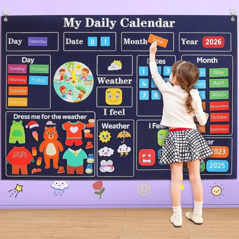 Montessori Early Education Handmade Classroom Calendar Felt Story Board Set, Hanging Parent-Child Interactive Toy and Visual Learning Material, Preschool Learning Materials