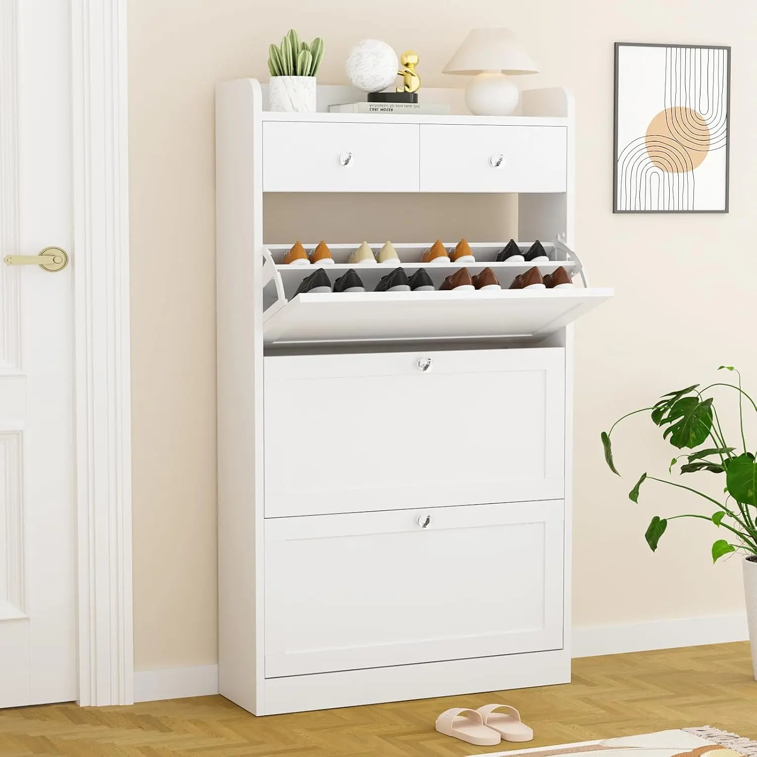 VOWNER Wooden MDF Furniture-Style Shoe Rack Organizer - Freestanding Indoor Storage with 3 Flip Drawers, 2 Regular Drawers, Adjustable Shelves, Kids-Safe Design, Drywall-Friendly for Entryway, Hallway