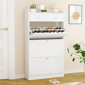 VOWNER MDF Wood Shoe Cabinet - Shoe Rack Organizer with 3 Flip Drawers, 2 Regular Drawers, Adjustable Shelves, Freestanding Storage for Entryway, Hallway