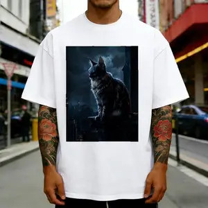 Batcat Maine Coon Superhero Graphic T-Shirt, Dark Knight Cat Crew Neck Short Sleeve Tee, Premium Cotton Casual Streetwear for Men & Women, Available in Black & White Sizes S to 3XL