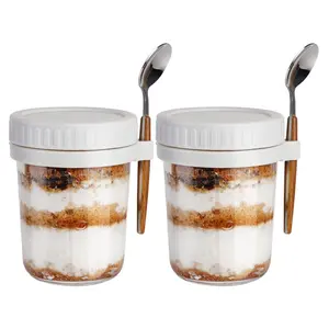 Pack of 2 Overnight Oats Containers with Lids and Spoon, Mason Jars, 16 Oz Glass Oatmeal Container to Go for Chia Pudding Yogurt Salad Cereal Meal Prep Jars, White