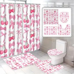 Cherry Bow Sweet Dream Bathroom Set, Macaron Dreamy Shower Curtain Set, Home Bathroom Decor, Includes Mat, Toilet Cover, U-Shaped Pad